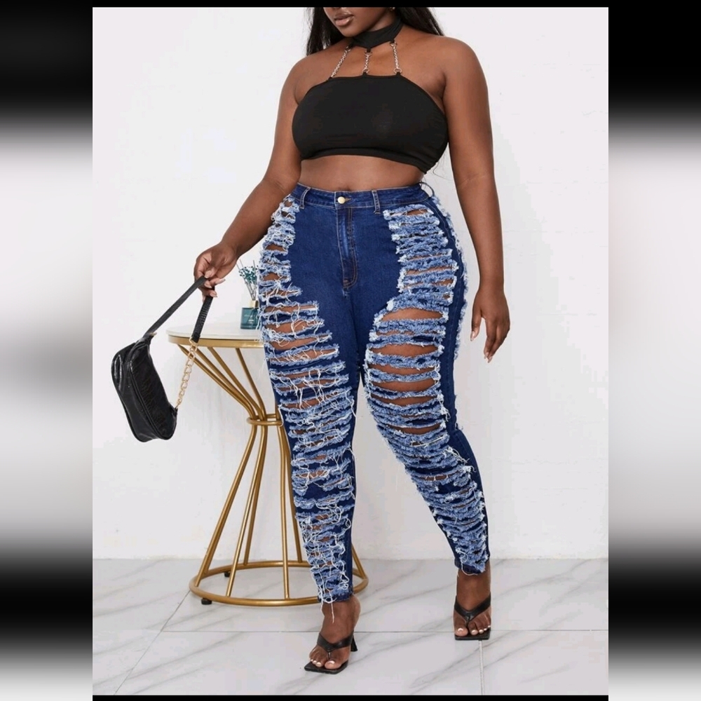 SHEIN Plus Ladder Distressed Curvy Jeans